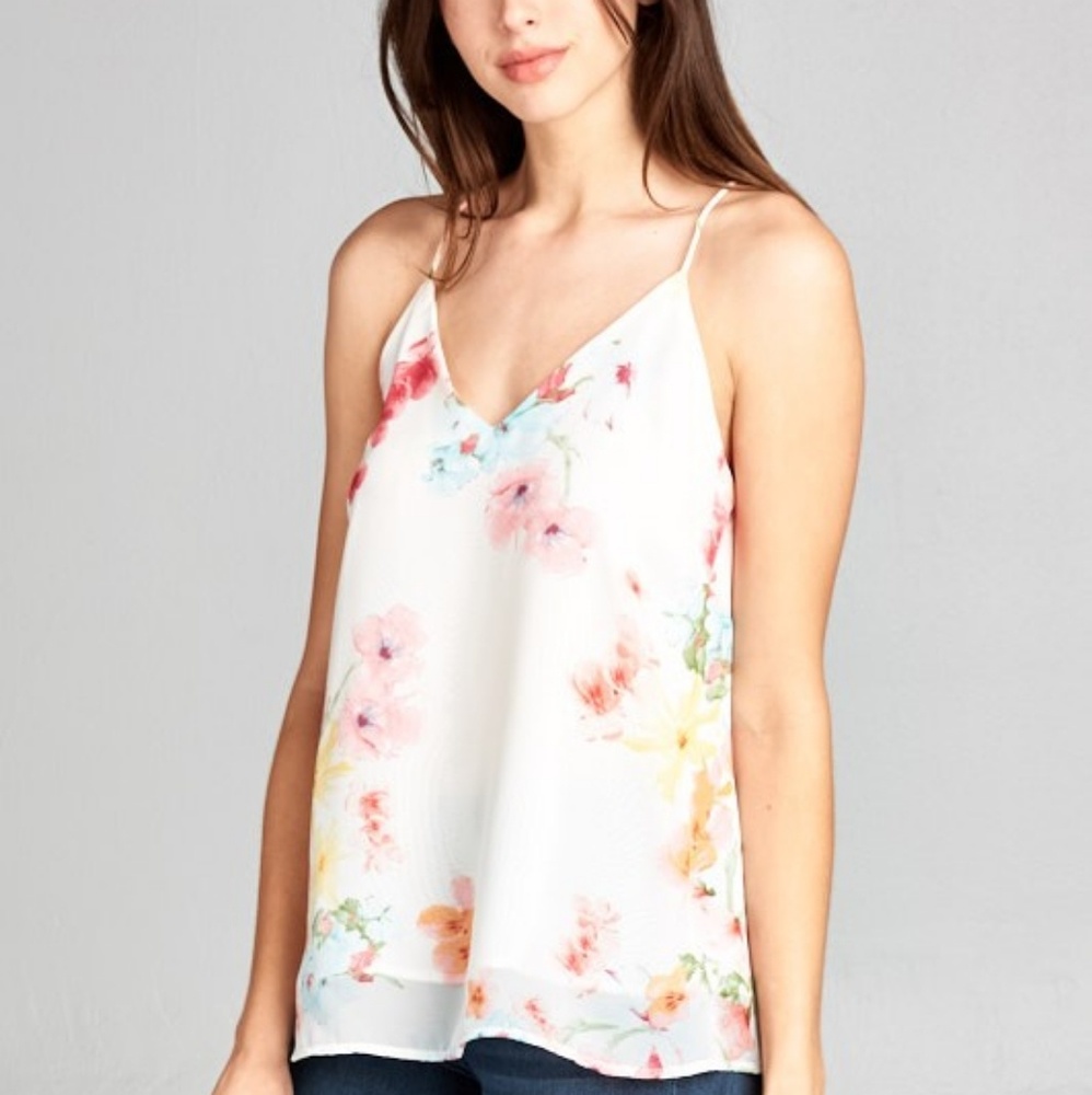 FINAL 1💐 Ivory Floral Chiffon Racerback Tank
